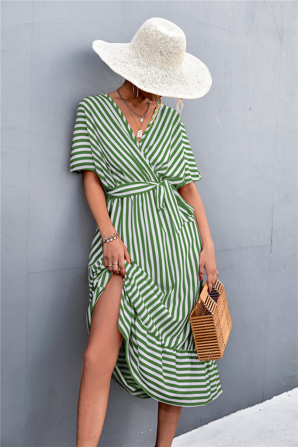 Cross V-neck Lace-up Striped Dress