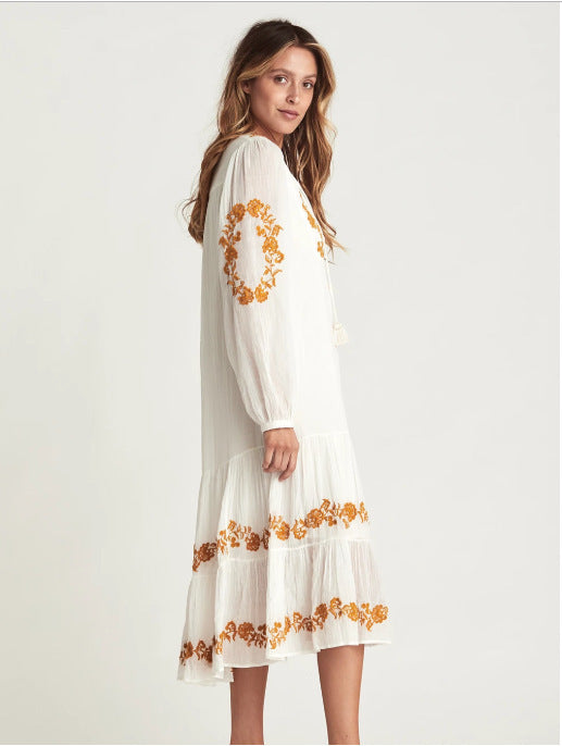 V-neck Embroidered Loose Dress Embroidered Long Skirt