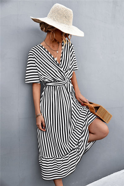 Cross V-neck Lace-up Striped Dress