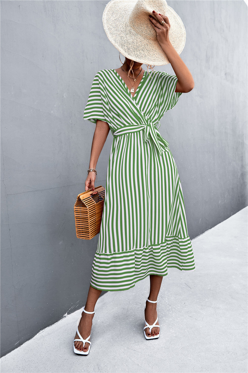 Cross V-neck Lace-up Striped Dress