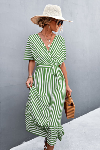 Cross V-neck Lace-up Striped Dress