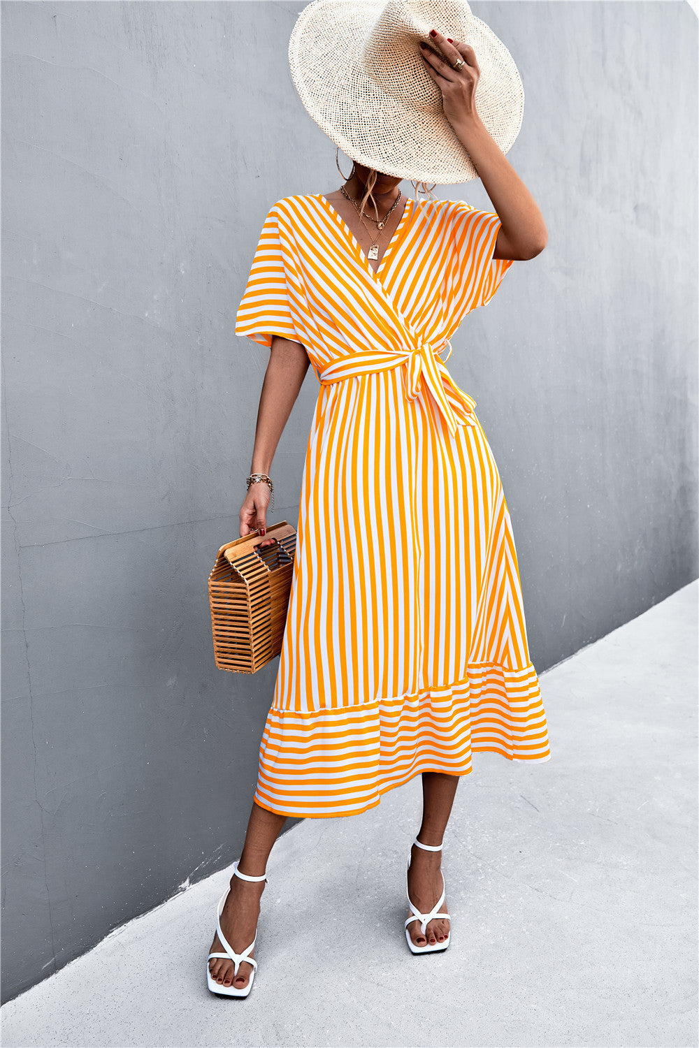 Cross V-neck Lace-up Striped Dress