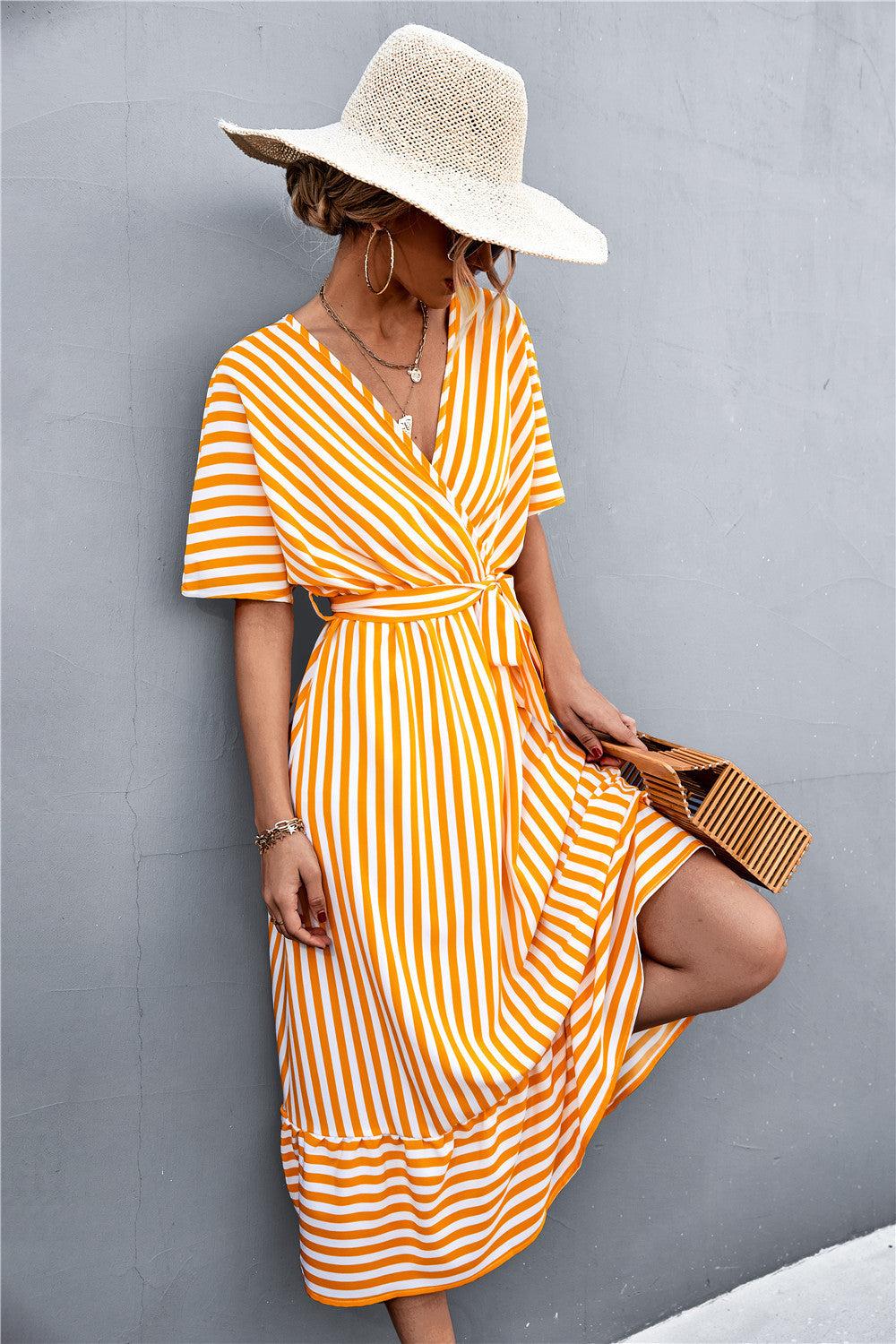 Cross V-neck Lace-up Striped Dress