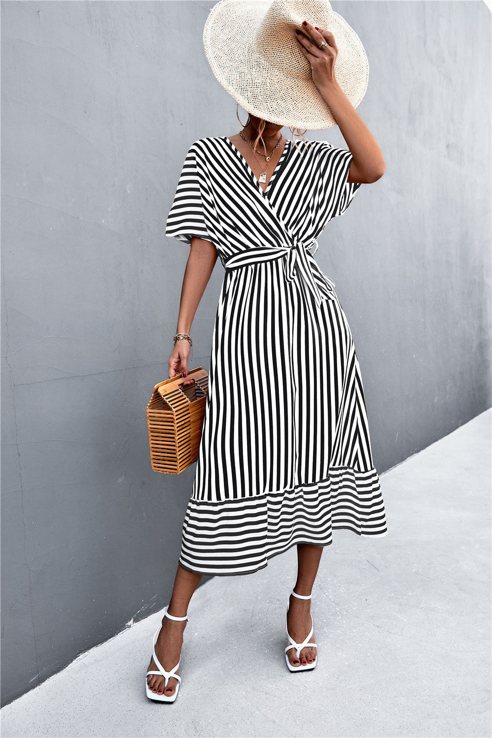 Cross V-neck Lace-up Striped Dress